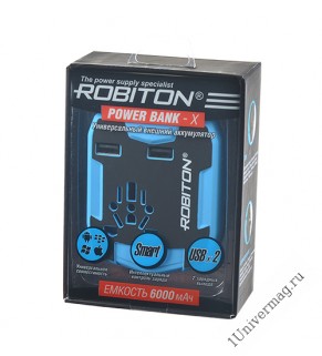 ROBITON Power Bank-X 6000мАч, 2 USB-разъема, Универсальный сетевой переходник со встроенным аккумуля