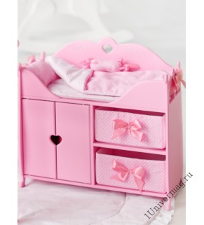 Игрушка детская: кроватка для кукол с постельным бельем и мягкими корзинами розовый